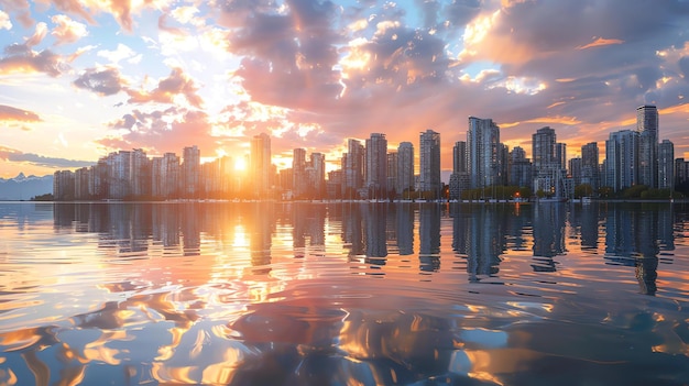 Un beau paysage urbain d'une ville moderne avec des gratte-ciel et une grande étendue d'eau au premier plan