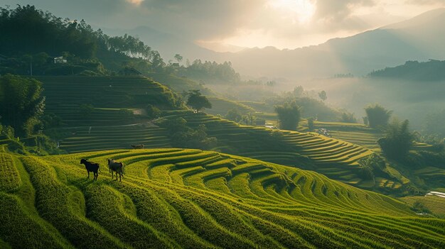 beau paysage de vaches nourrissant l'herbe sur la montagne d'herbe