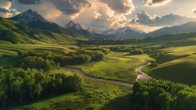 Photo un beau paysage d'une vallée verte avec des montagnes et des arbres