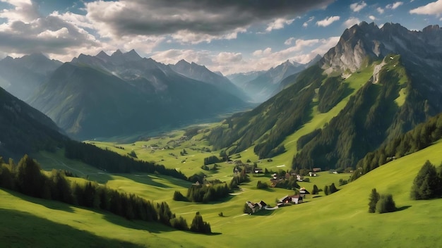 Beau paysage d'une vallée verte près des montagnes alpines en Autriche sous le ciel nuageux