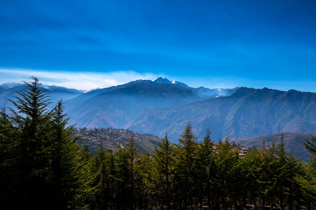 beau paysage et un village arbres verts montagnes blanches et ciel bleu