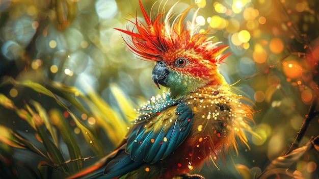 Un beau perroquet vibrant est assis sur une branche dans la jungle Le perroquet a un rouge vif vert et bleu