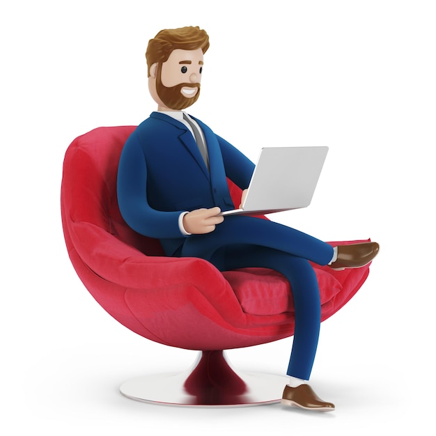 Un beau personnage de dessin animé assis dans une chaise rouge confortable avec un ordinateur portable. Homme d'affaires barbu en costume. Illustration 3D.