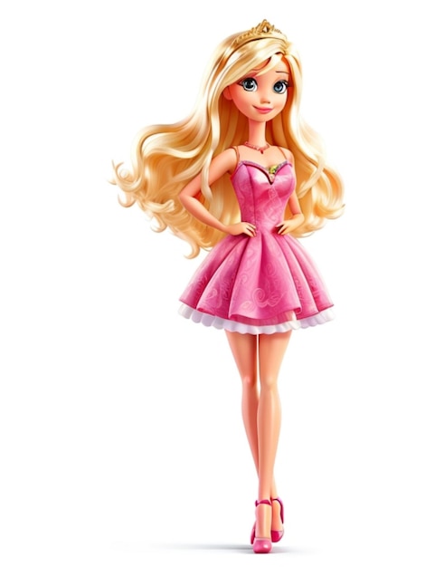 Beau personnage de poupée en robe rose courte et longs cheveux blonds