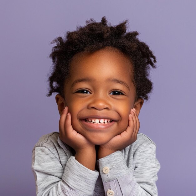 Photo le beau petit bébé sourit en faisant un clin d'œil en posant le visage touchant avec ses mains dans des vêtements mignons