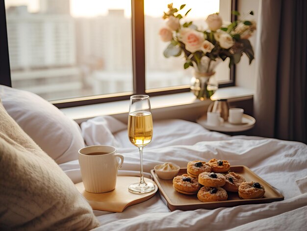 Beau Petit-déjeuner Confortable Au Lit Intérieur De La Chambre à