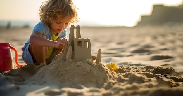 Beau petit garçon construisant un château de sable pendant ses vacances sur la plage de l'océan blanc enfant heureux enjoué