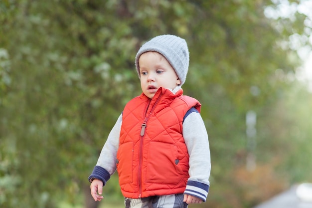 Beau petit garçon élégant de 2 ans marchant dans les feuilles tombées - scène d'automne. Tout-petit s'amuser en plein air dans le parc jaune d'automne