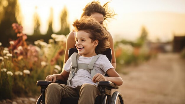 Photo un beau petit garçon handicapé marche dans un fauteuil roulant avec sa mère au coucher du soleil un enfant handicapé