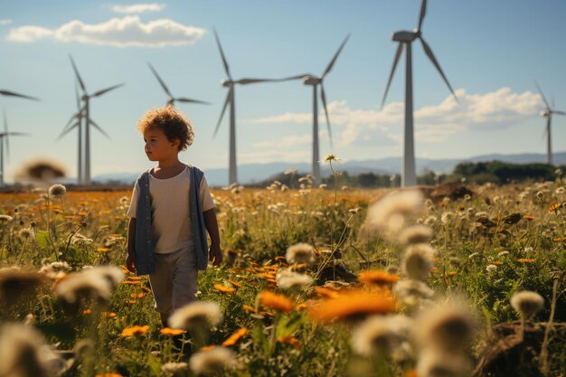 Photo beau petit garçon profitant d'un parc éolien grâce à des éoliennes generative ai