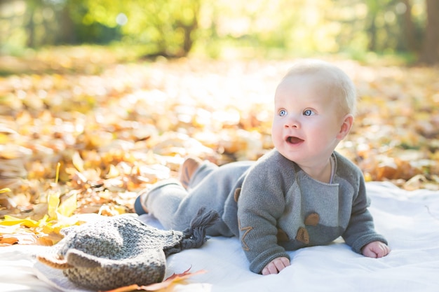 Beau petit garçon de six mois rampant dans les feuilles tombées - scène d'automne. Tout-petit s'amuser en plein air dans le parc jaune d'automne