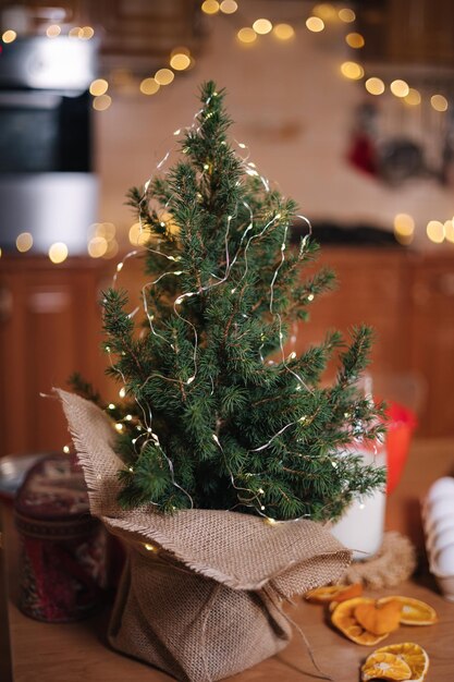 Beau petit sapin dans un pot à la maison sur fond de table en bois de guirlandes lumineuses bokeh