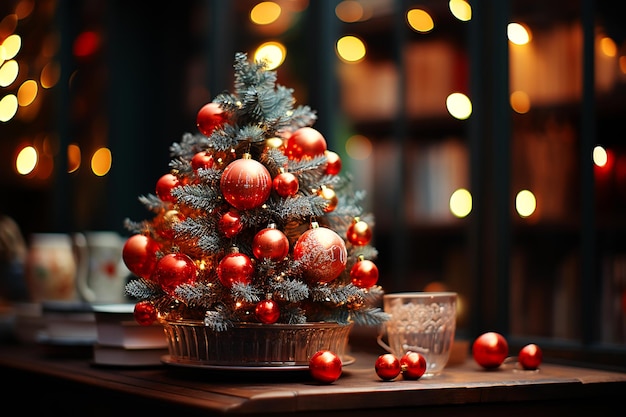 Beau petit sapin de noël sur table en bois bonne humeur guirlande lampe bokeh sur fond d'écran