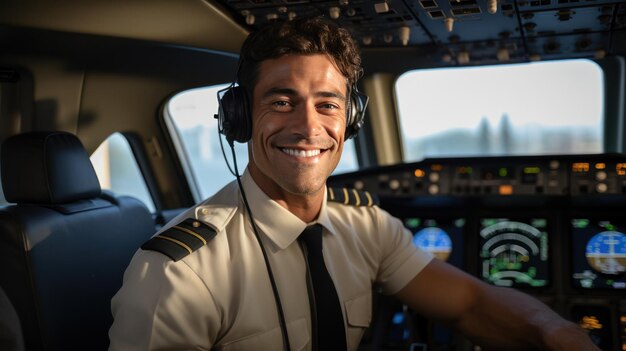 le beau pilote souriant dans la cabine de l'avion