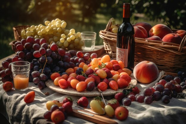 Beau pique-nique d'été avec des fruits et du vin généré par l'IA