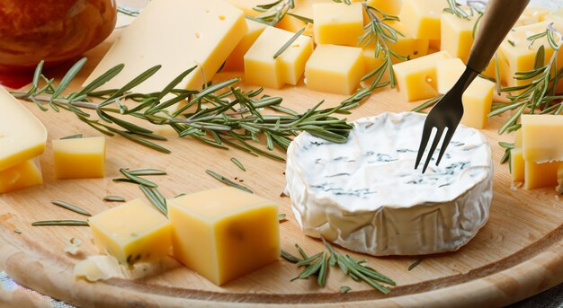 beau plateau de fromages avec des légumes sur une planche de bois en haute résolution et netteté