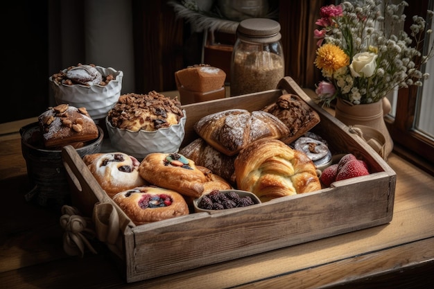 Un beau plateau rustique avec une variété de produits faits maison et de pâtisseries créés avec une IA générative