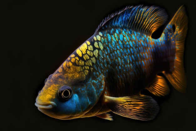 Beau poisson bleu et jaune sur fond marron foncé de poissons d'aquarium de réservoir dans l'espace