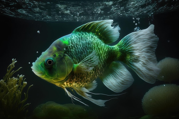 Beau poisson vert dans l'eau des poissons d'aquarium dans l'espace