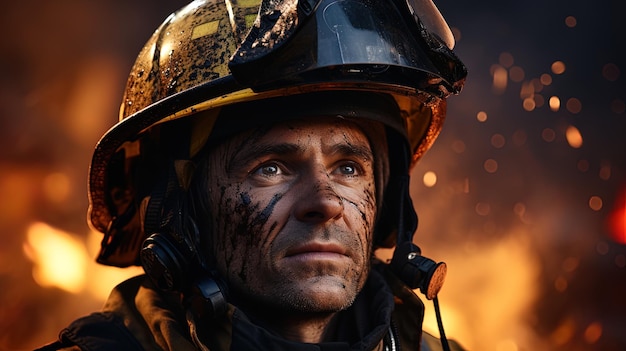 Le beau pompier avec le camion de pompiers