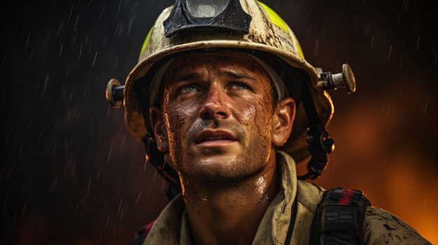 Le beau pompier avec le camion de pompiers