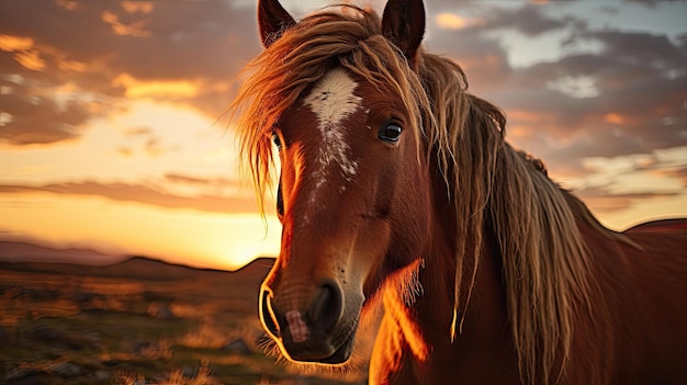 Beau poney avec un beau coucher de soleil au loin