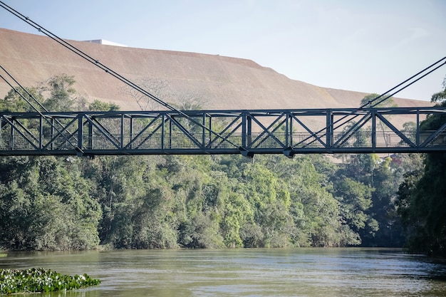 Beau pont de fer sur la rivière au milieu de la forêt enchantée