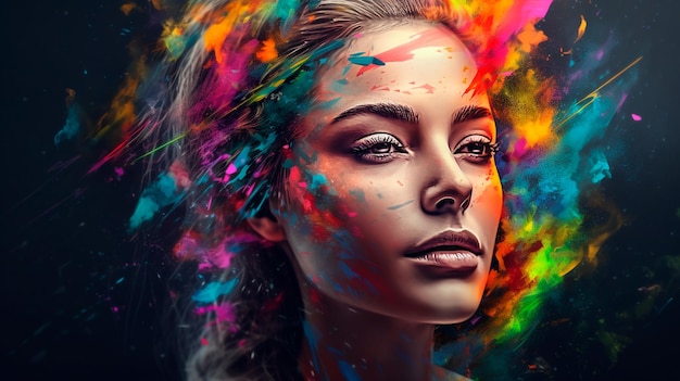 Beau portrait abstrait fantastique d'une belle femme double exposition avec une éclaboussure de peinture numérique colorée ou une nébuleuse spatiale AI générative