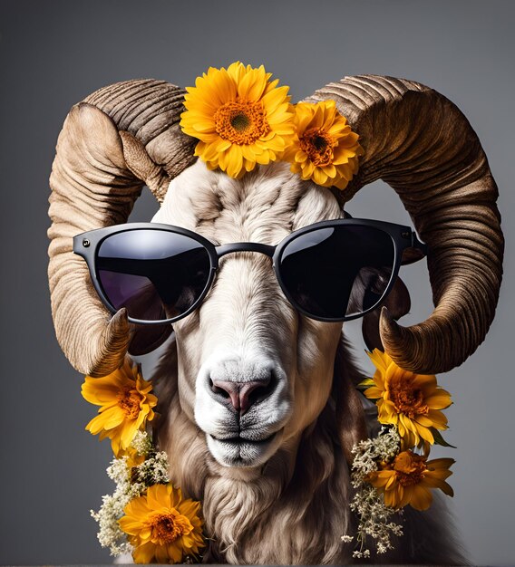 Beau portrait de bélier cool en lunettes de soleil avec des fleurs sur la tête