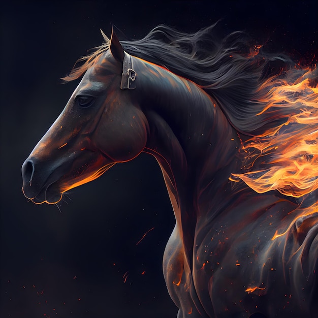 Beau portrait de cheval avec des flammes de feu sur fond noir Peinture numérique