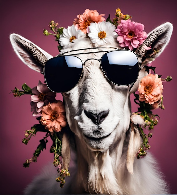 Beau portrait de chèvre fraîche dans des lunettes de soleil avec des fleurs sur la tête