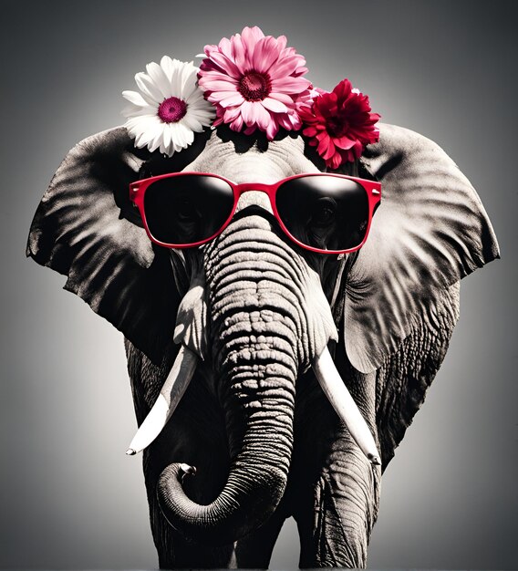 Beau portrait d'éléphant cool dans des lunettes de soleil avec des fleurs sur la tête
