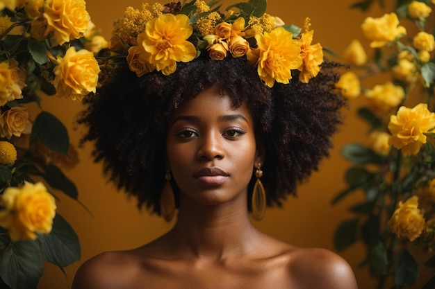 Beau portrait de femme afro avec une fleur sur la tête