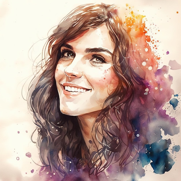 Beau portrait de femme heureuse à l'aquarelle