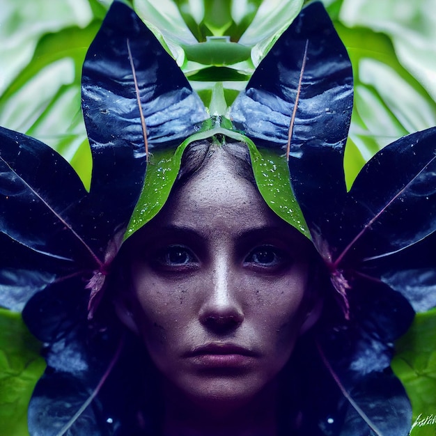 Beau portrait de femme avec des plantes et des fleurs rendu 3d