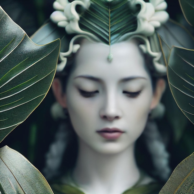 Beau portrait de femme avec des plantes et des fleurs rendu 3d