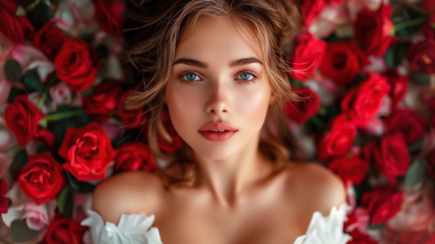 beau portrait fille attrayante avec de beaux yeux avec des fleurs roses autour