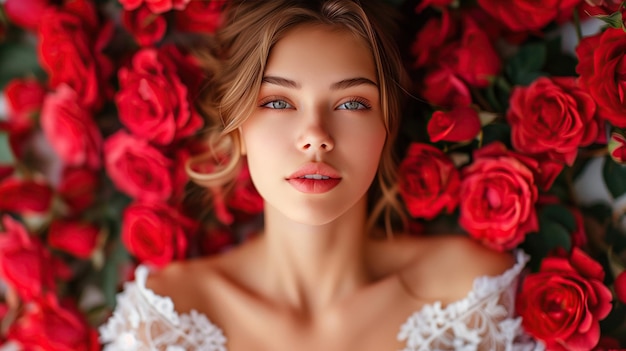 beau portrait fille attrayante avec de beaux yeux avec des fleurs roses autour