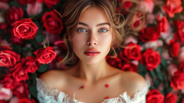 beau portrait fille attrayante avec de beaux yeux avec des fleurs roses autour