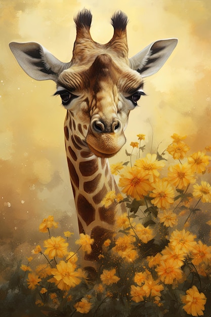 Beau portrait avec une girafe dans la nature avec des fleurs sunround AI générative