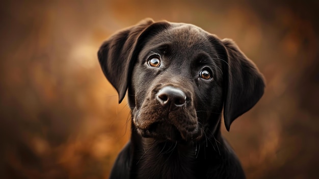 Un beau portrait d'un jeune chiot de Labrador Retriever noir avec de grands yeux bruns regardant la caméra avec une expression curieuse sur son visage