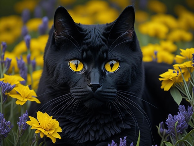 Beau portrait mignon de chat noir de Bombay avec des yeux jaunes se trouvant dans le jardin fleurs blanches roses de marguerite je