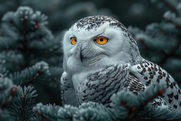 Photo beau portrait oue polaire oiseau dans une forêt de faune en arrière-plan en gros plan oueille blanche de neige