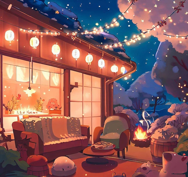 Beau portrait paysage d'hiver confortable au moment de Noël ai illustration vectorielle image fond d'écran