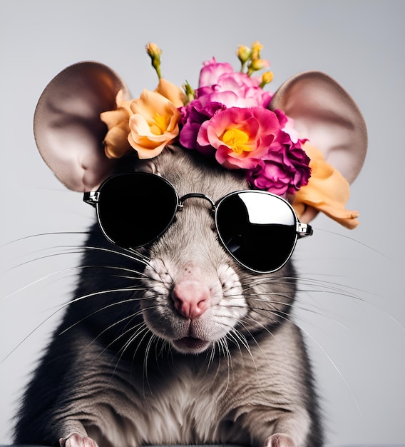 Beau portrait de rat cool dans des lunettes de soleil avec des fleurs sur la tête