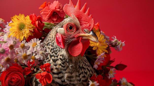 Photo un beau poulet avec un peigne rouge et des plumes noires et blanches se tient devant un fond rouge