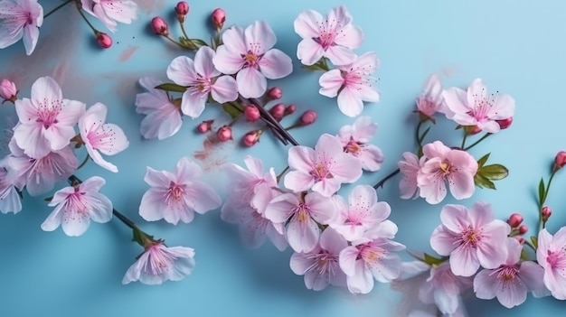 Beau printemps fleurs roses bleu pastel mur vue de dessus ai générative
