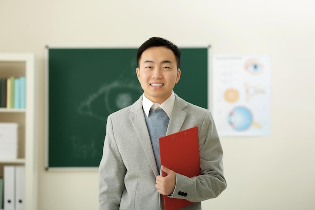 Beau professeur asiatique avec presse-papiers en classe