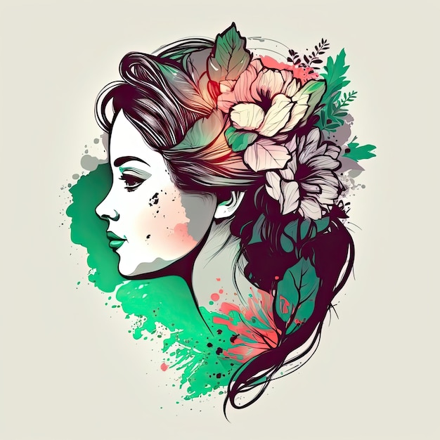 Beau profil féminin Jolie femme avec une coiffure mignonne avec des fleurs sur fond clair AI générative