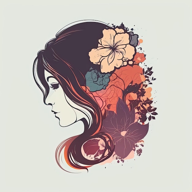 Beau profil féminin Jolie femme avec une coiffure mignonne avec des fleurs sur fond clair AI générative